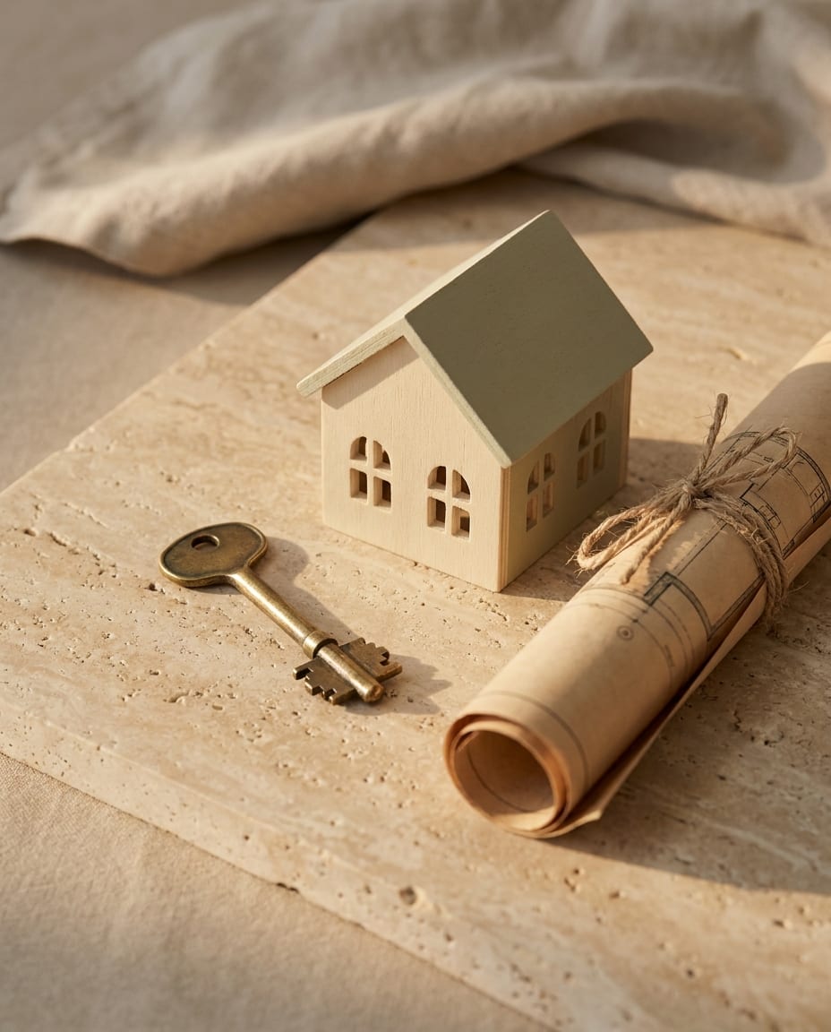 Maqueta de casa, planta e chave de latão sobre travertino, na luz dourada