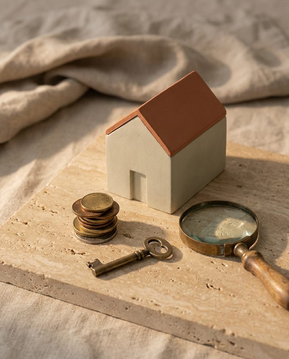 Maqueta de casa, moedas, chave de latão e lupa sobre travertino, na luz dourada