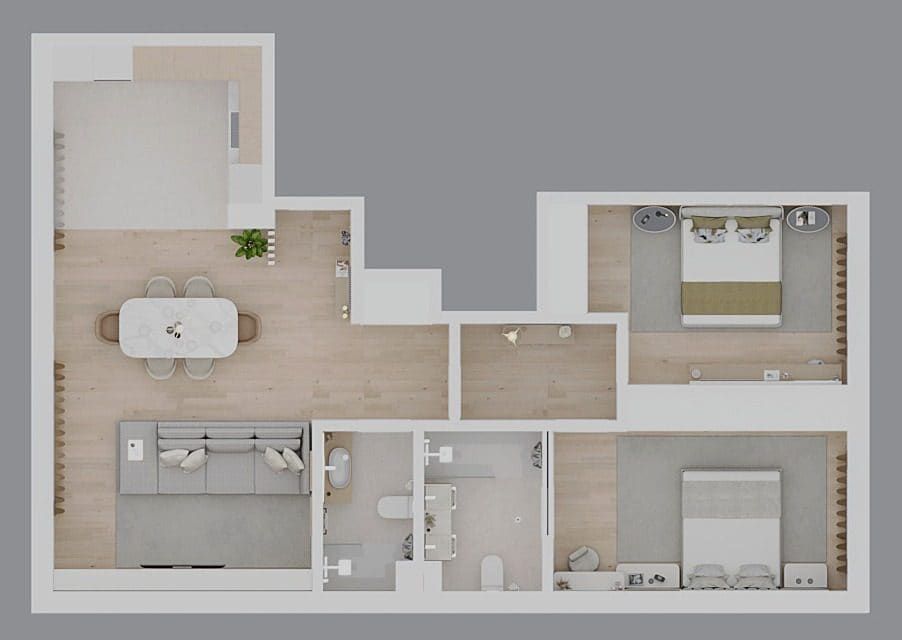 Planta 3D ilustrativa de um apartamento T2