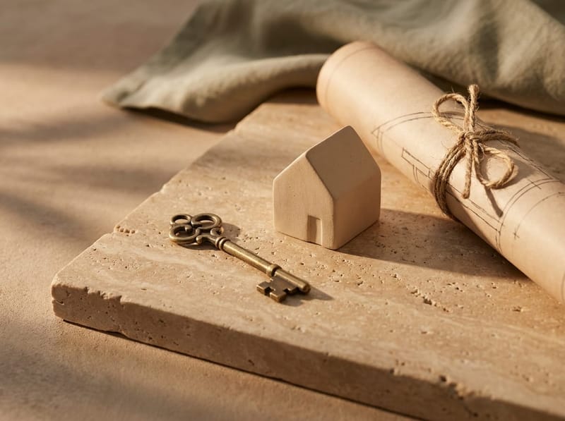 Chave de latão, planta da casa e moedas sobre travertino