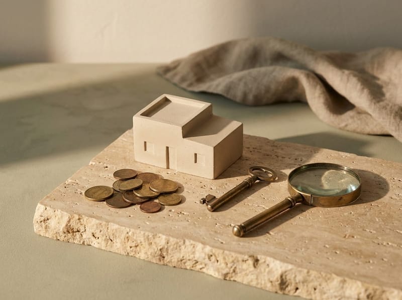 Maqueta de casa, moedas, chave de latão e lupa sobre travertino