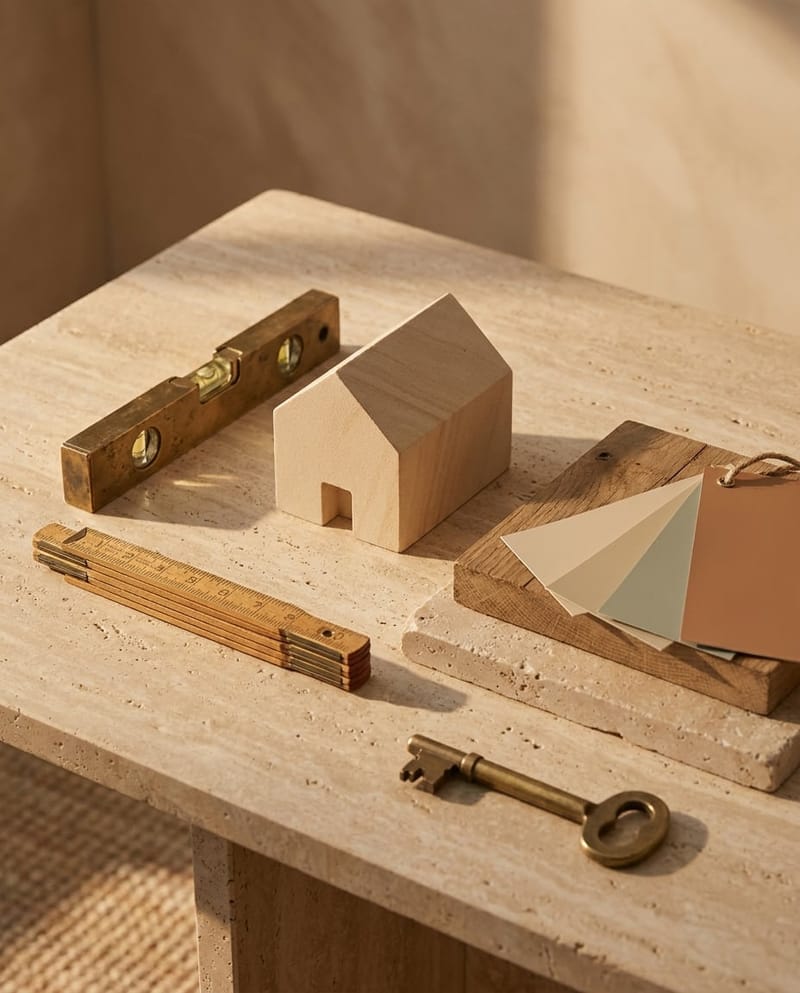 Maqueta de casa, nível de latão e amostras sobre travertino