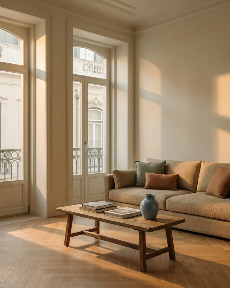 Sala portuguesa banhada pela luz do fim de tarde